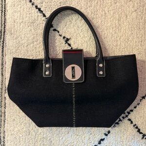 Vintage ♠️ kate spade Black Wool Felt Tote, Leather Trim & Silver Hardware